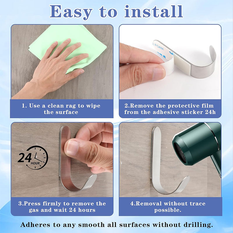 Ganchos adhesivos de Metal y acero inoxidable, ganchos de pared, gancho en J, soporte para llaves, gancho de pared autoadhesivo para ducha y cocina, 2/10 Uds.