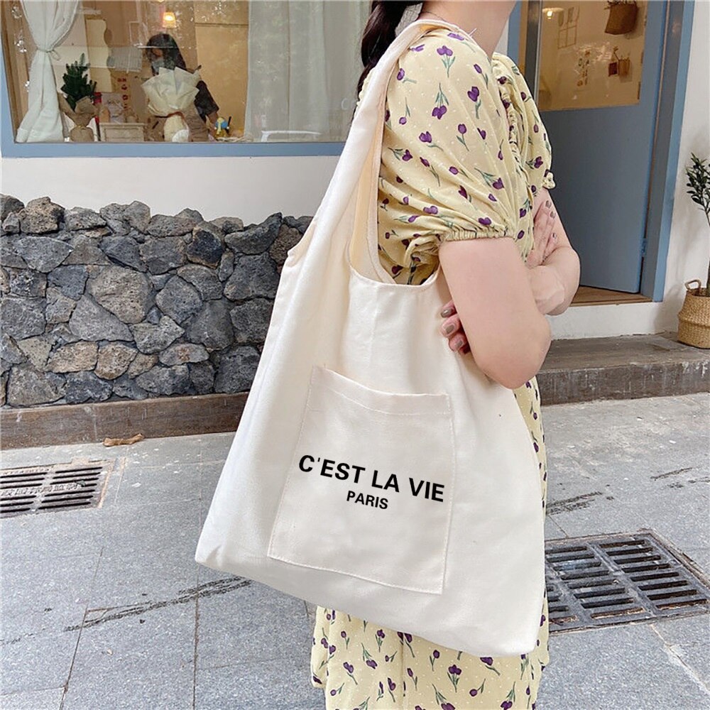 Vrouwen Boodschappentassen Canvas Forens Vest Bag Herbruikbare Kruidenier Handtassen Eco Messenger Tote Shopper Tas: Text 008
