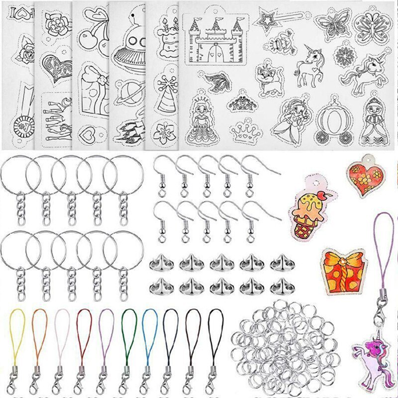Llaveros de plástico termorretráctil para manualidades, juego con hojas de papel, accesorios para manualidades, 156 Uds.