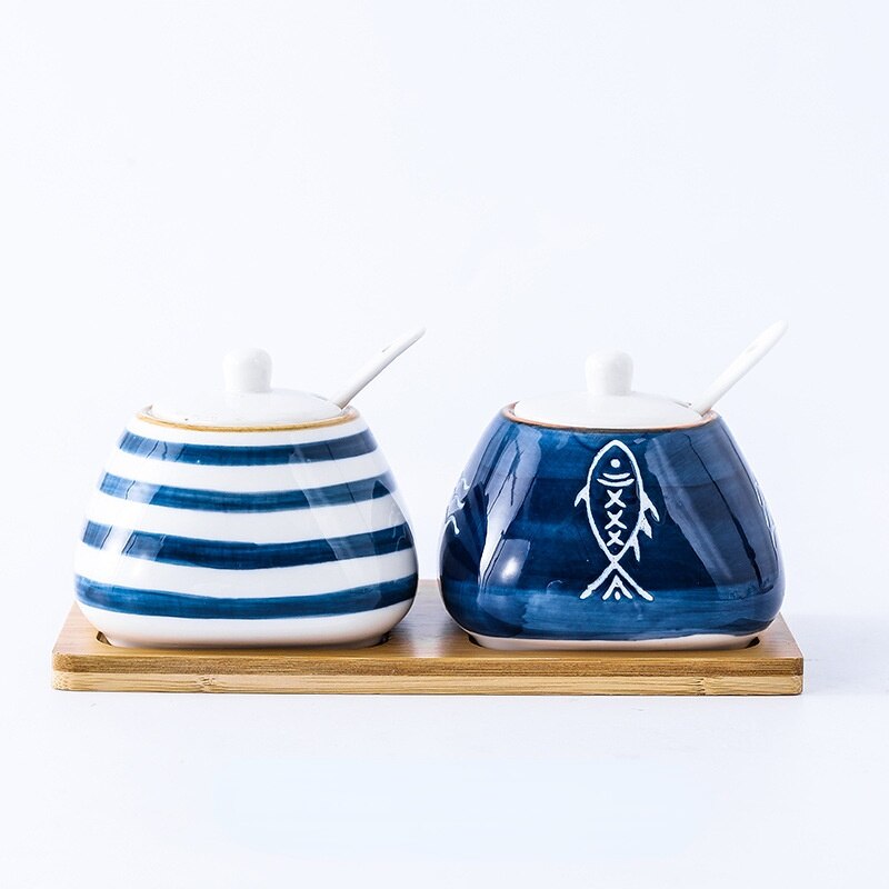 Ceramic seasoning pot set kitchen household salt shaker seasoning box seasoning bottle seasoning sugar MSG seasoning pot: Two - tray-A