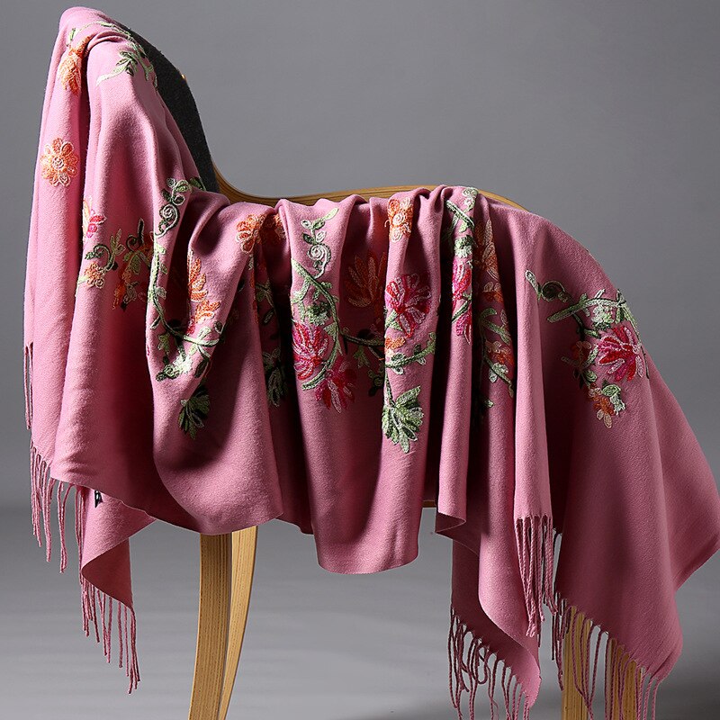 Borduren Bloemen Sjaal Vrouwen Kasjmier Katoen Viscose Sjaals Soild Plain Borduur Sjaals Moslim Kwasten Hijaabs GP02: drak pink