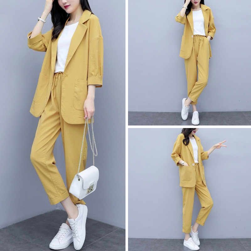 Casual Solid Women Pant Suits Notched Collar Blazer Jacket & Pencil Pant Female Suit Autumn OL Office Wear Blue Women Suits: 02 / XL