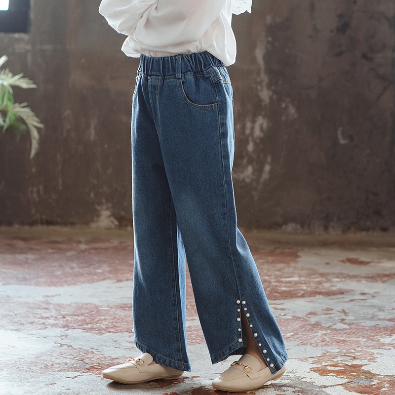 Pearls Jeans for Girls Spring Boot Cut Pants Solid Kids Clothing Teenager Girls Wide Leg Jeans For Girls 4 6 8 9 12 14 Years