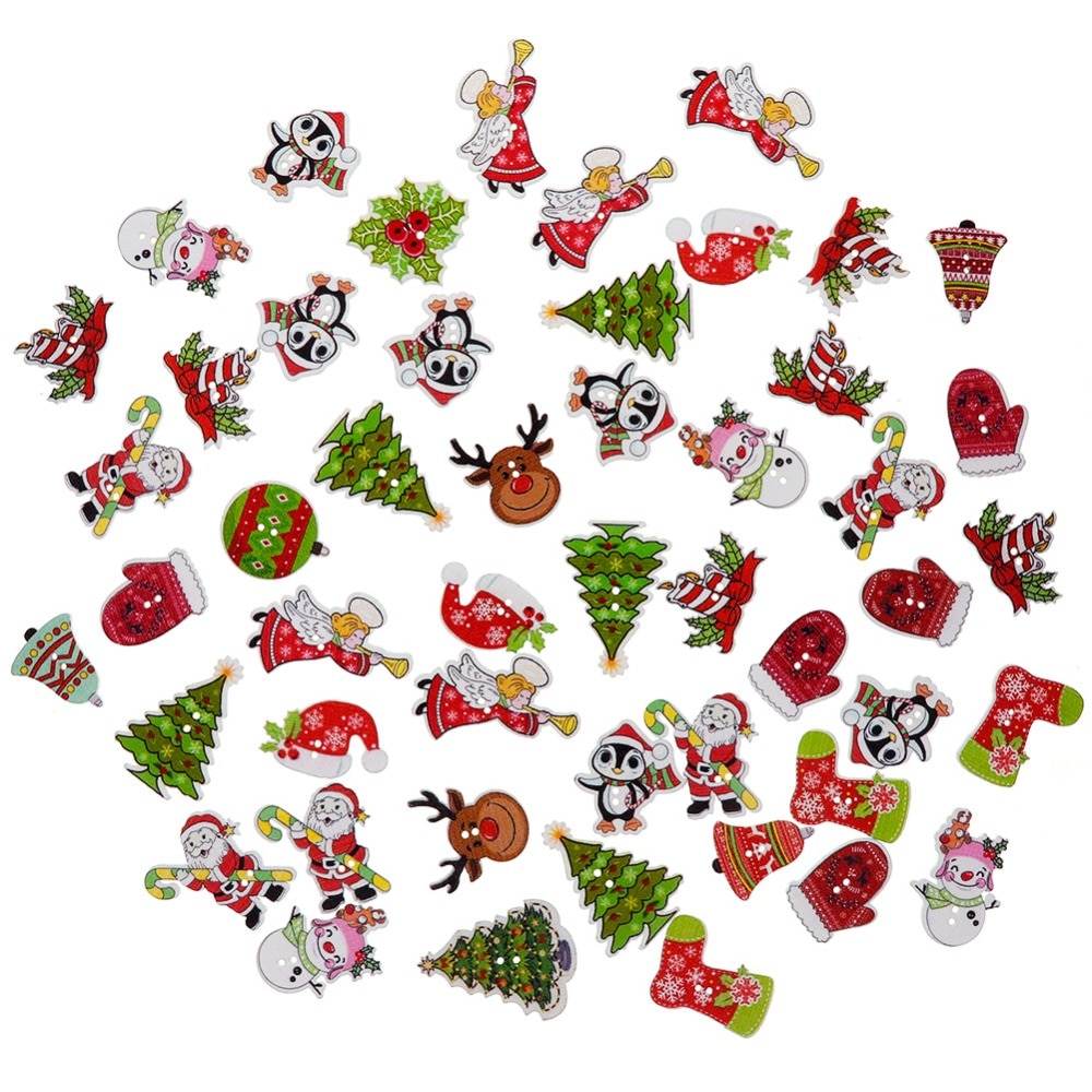 50 stk tilfældigt blandet træknap julemønster scrapbog dekorative knapper til kluddekoration års produkt  #287509