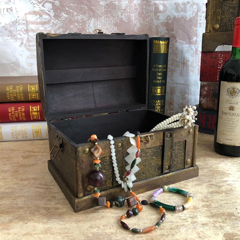 Retro træ pirat skattekiste kasse perle smykker opbevaring arrangør trinket souvenir skattekiste indretning uden lås størrelse s