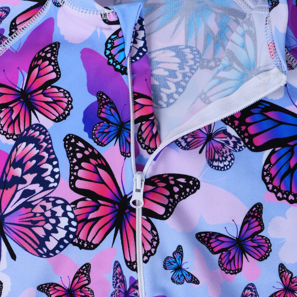 BAOHULU One Piece Long Sleeve Girls Swimwear Kids Butterfly Print Bodysuit UV 50+ Sun Protection Beachwear with Ziper