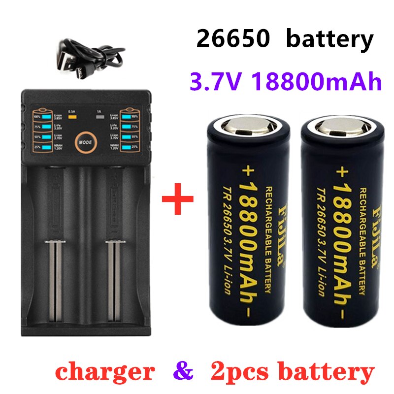 Original 26650 battery 18800mAh 3.7V 50A lithium ion rechargeable battery for 26650 LED flashlight + 18650 charger: White