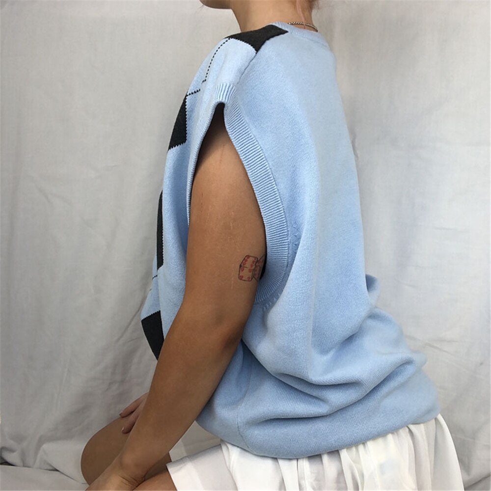 Gilet Sans Manche Pull Losange Femmes Bleu Tricots Printemps