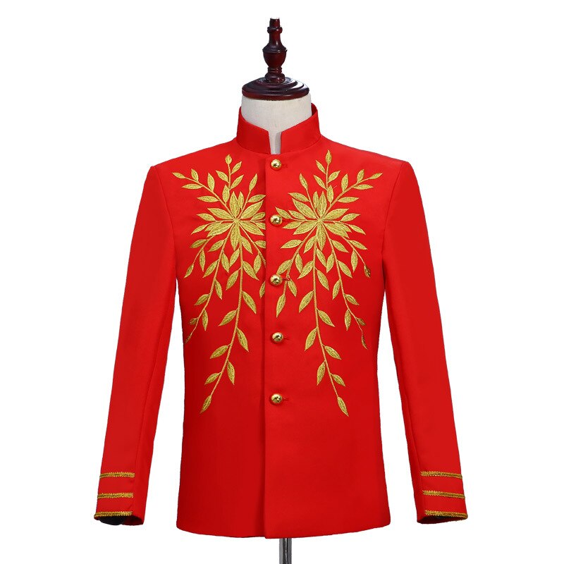 Men Suit Jacket Mandarin Collar Formal Blazer Stage Costumes For Singers Performance Mens Dress suits Jackets Clothes: Red / M