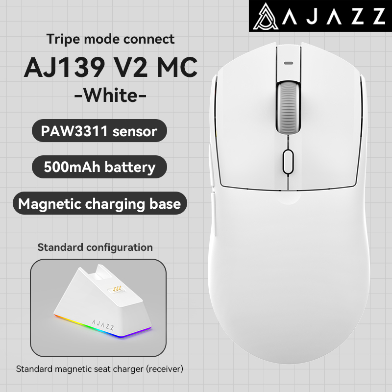 AJAZZ AJ139 V2 MC Wireless Gamer Mouse with Dock PAW3311 Gaming Sensor 12000DPI Max Tri-mode Connect Mice for Laptop PC: WHITE