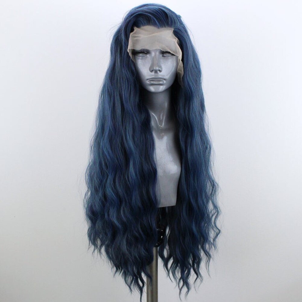 Deep Wave Synthetic Lace Front Wigs for Women Dark Blue Lace Wig High Temperature Fiber Long Wigs Side Part Cosplay Wig Used