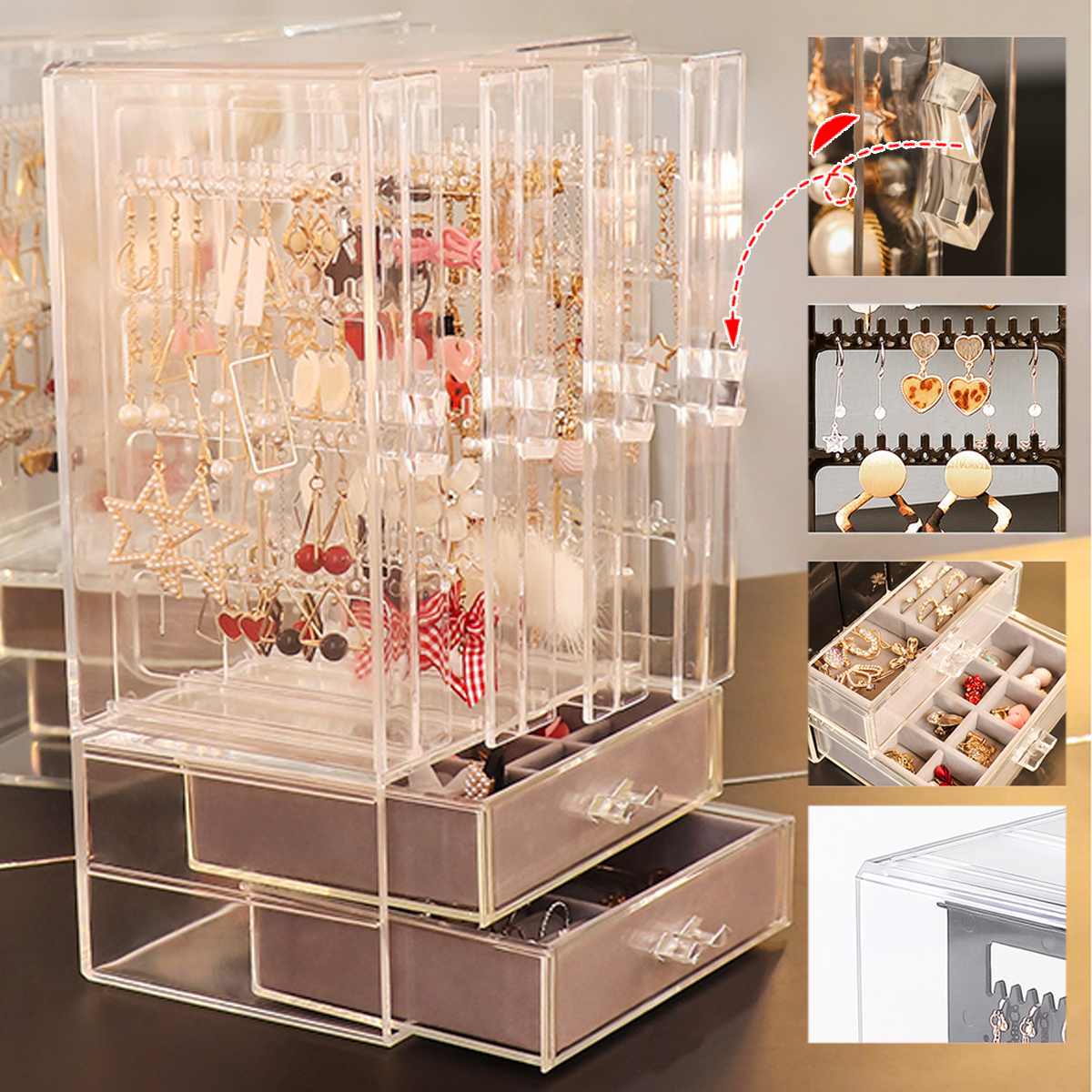 3/4 Trays Transparent Acrylic Luxury Jewelry Display Box Layers Drawers Dustproof Acrylic Ear Clip Ear Nail Earrings Storage Box