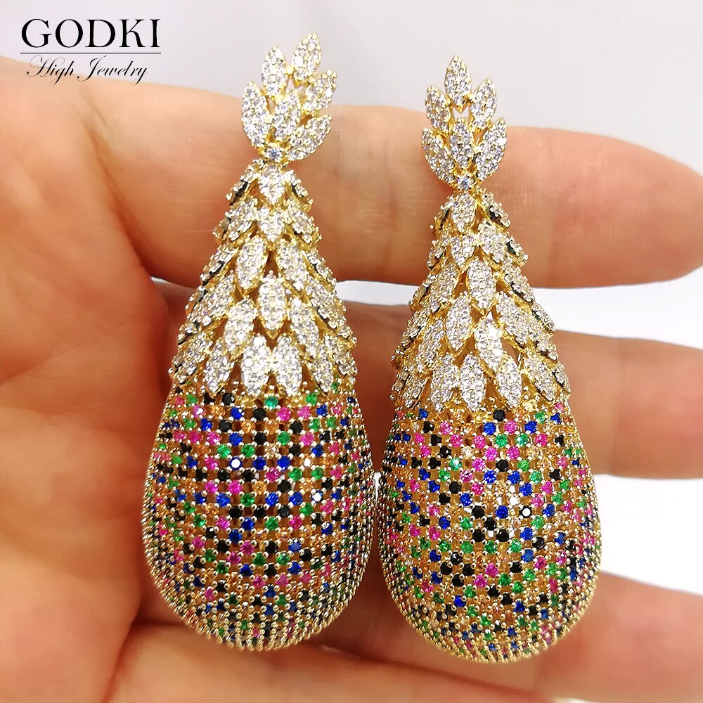 GODKI luxe ananas boucles d'oreilles goutte pour les femmes de mariage zircon cubique Dubai boucles d'oreilles de mariée bijoux fantaisie fête d'été: Gold multi