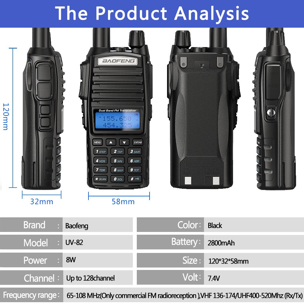 Baofeng UV-82 5W Draagbare Radio Walkie Talkie Uv 82 Dubbele 2 Ptt Dual Band Vhf/Uhf 136- 174/400-480 Mhz UV82 Twee Manier Cb Ham Radio