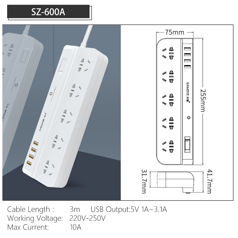 Samzhe strømstikstik bærbar stripstikadapter med 3 usb-port multifunktionel smart hjemmeelektronik