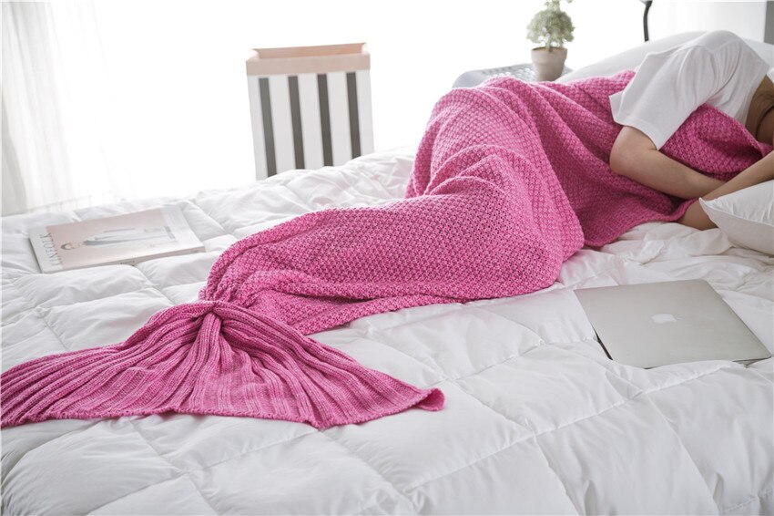 Rose pink Mermaid Tail Blanket Yarn Knitted Handmade Crochet Mermaid Blanket Kids Throw Bed Wrap Super Soft Sleeping Bed Blanket: Rose pink / 80X180cm