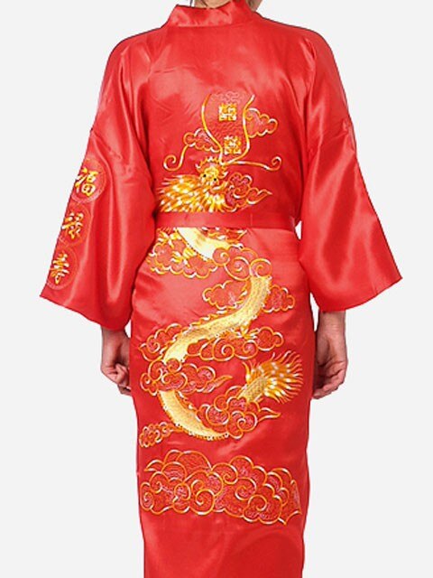 Navy Blue Chinese Men's Satin Silk Robe Embroidery Kimono Bath Gown Dragon Size S M L XL XXL XXXL: XXXL / Red