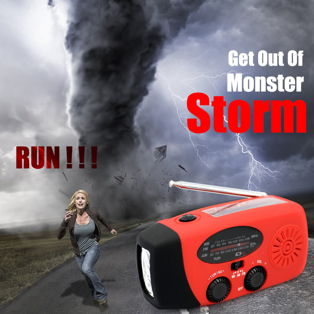 Protable Red Solar Radio Hand Crank Self Powered Phone Charger 3 LED Flashlight AM/FM/WB Radio Waterproof Emergency Survival