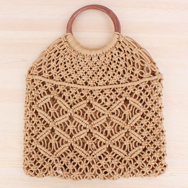 Geweven vrouwen Handtas Netto Zak Handgemaakte Zomer Stro Strand Zakken Bohemen Vrouwelijke Netto Pocket Hollow Ronde Handvat Tote Mesh tas: Khaki Net bag