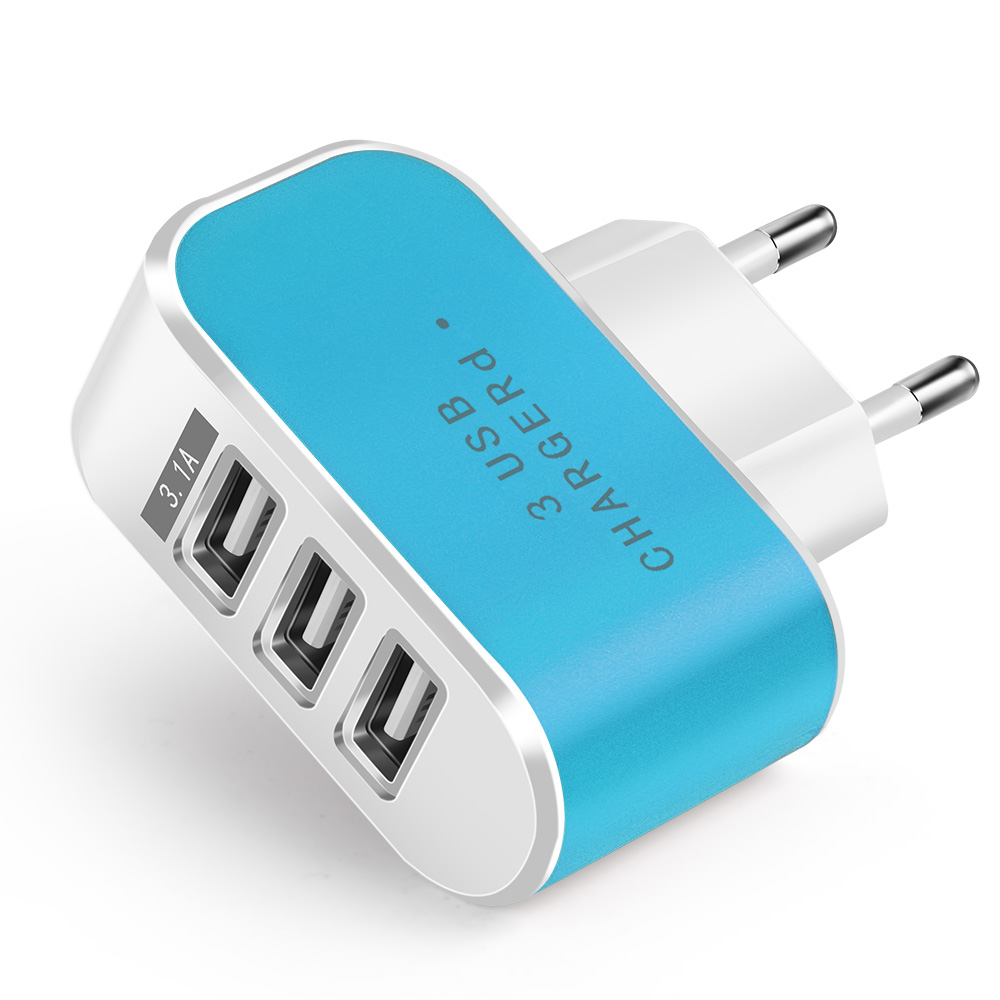 3 Ports USB Charger 3.1A Universal LED Fast Charging Phone Wall Adapter For Samsung A50 A30 Xiaomi Tablet Mobile Phone Charger: EU Plug / Blue