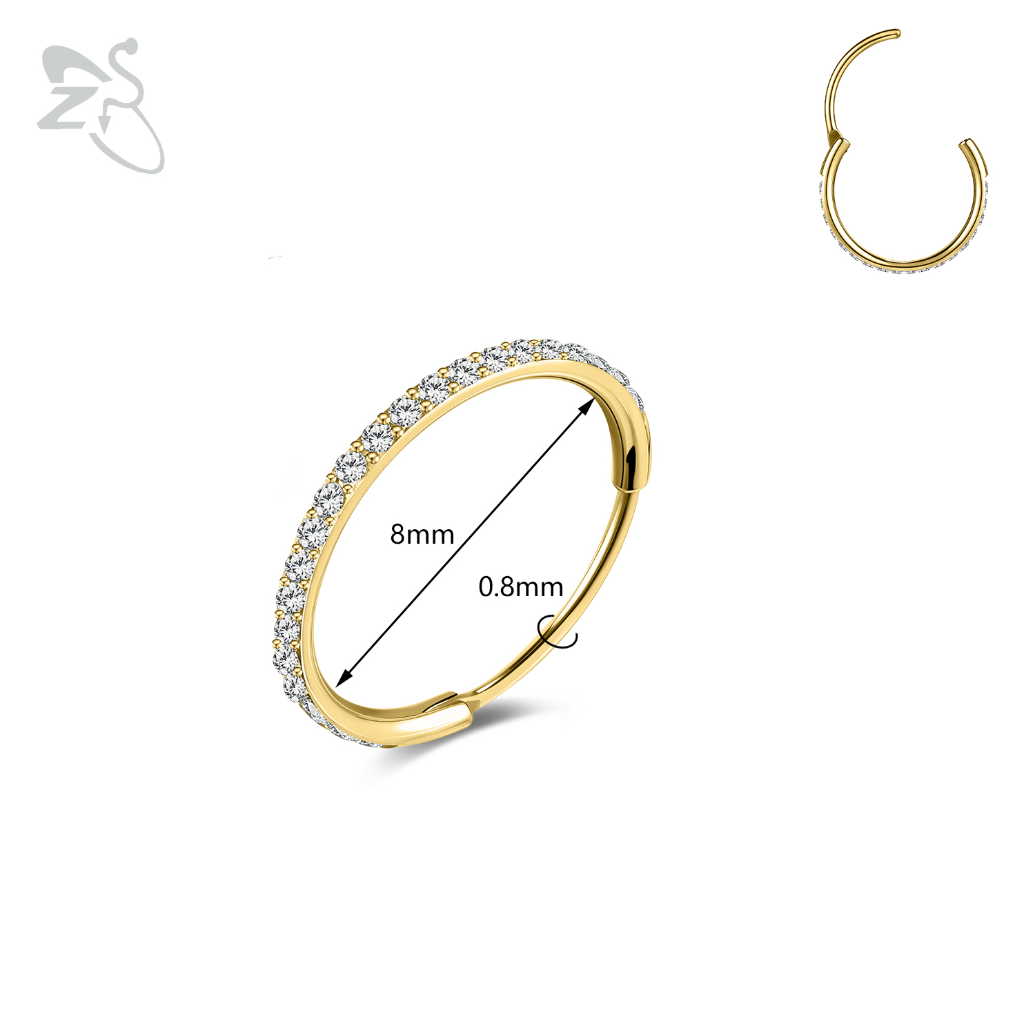 Zs 1pc runde krystal næse piercing sølvfarvet septum ring rustfrit stål næse clicker brusk piercing 20g kropssmykker: Guldfarve