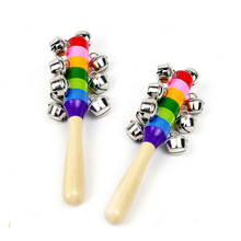 1 Piece Baby Wooden Rattle Rainbow Color Hand Bell Baby Rattles Jingle Bells Infant Shaker Rattle Educational Toys