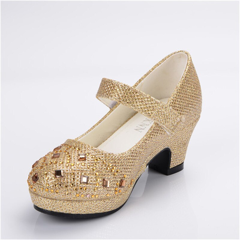 Zapatos con purpurina ULKNN para niñas, niños, Lazo de cristal, tacones altos brillantes, zapatos de princesa, zapatos nuevos de Boca de pescado para niñas, tacón alto, oro plateado: Gold / 12.5