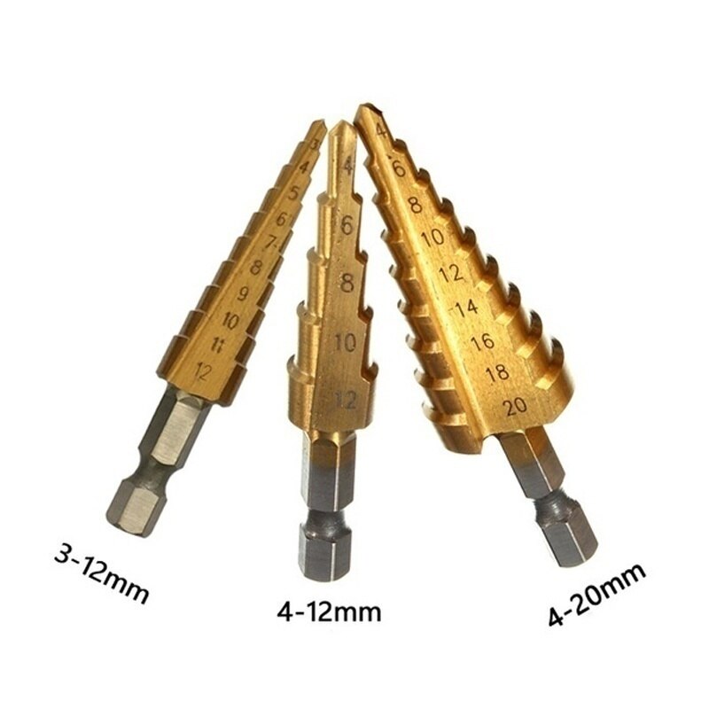 5 stk hss trin kegle bor trin bor kegle fræser bor bits træ stål aluminium glasfiber messing pvc hulboring med kasse: Størrelse 1-3 stk