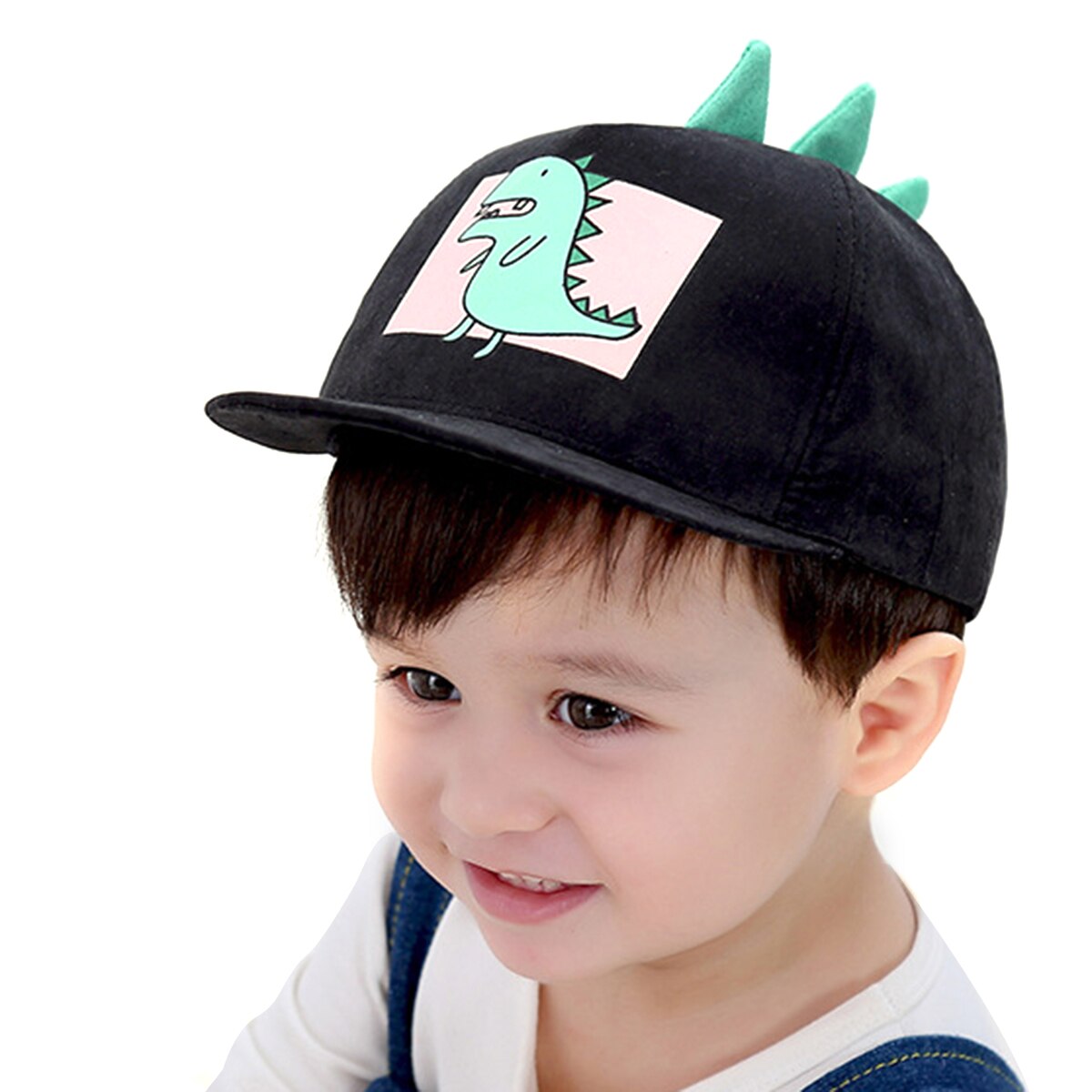 Sød dinosaur mønster børnehatte flade tegneserie børn baseball kasket fjeder baby justerbar bomuld kasket baby blød hat: Sort