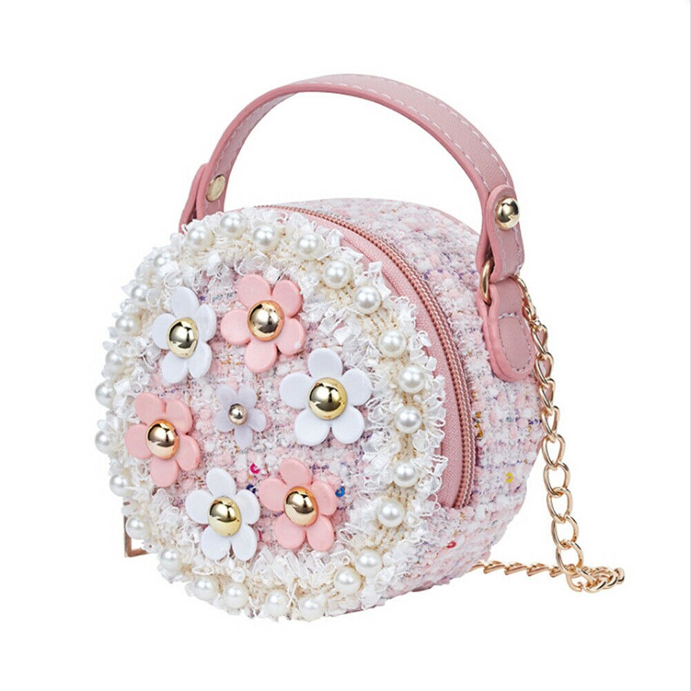 Nouvelles filles cylindrique perle fleur épaule sac de messager enfants princesse sacs à bandoulière épaule fermeture éclair: Rose