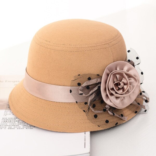 Zuivere koepelvormige wollen dames fedora dames lente winter hoeden voor vrouwen fedora's bloemen effen wol dame gorras brede rand meisjes fedora's: Beige