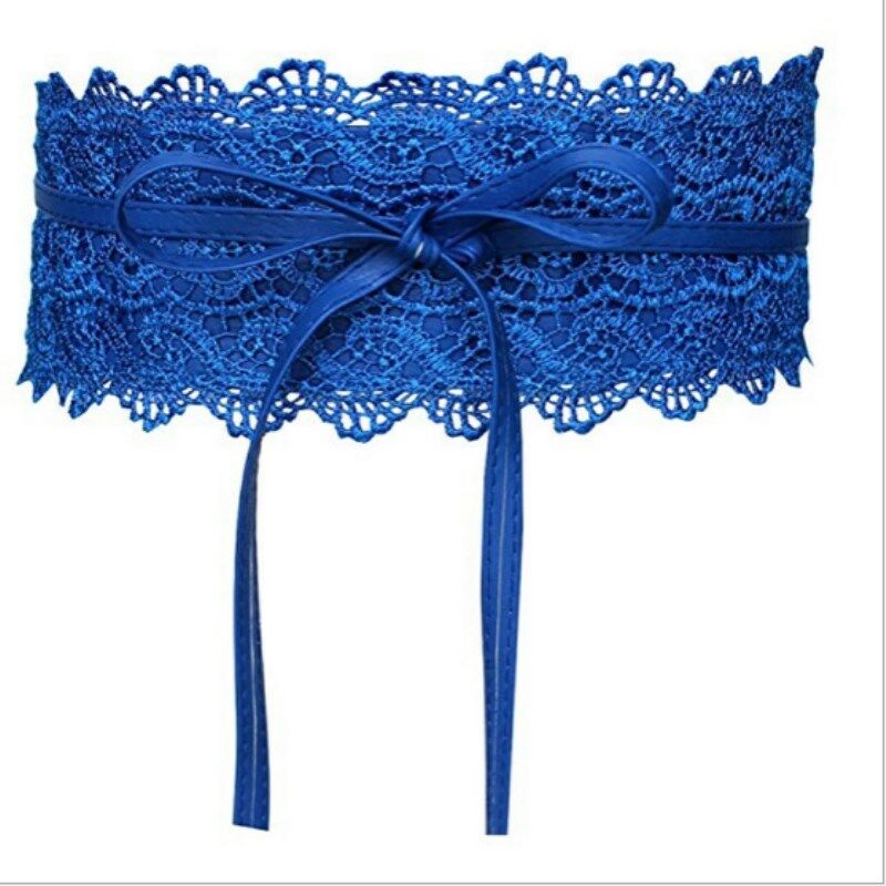 Women Lady Stretch Buckle Waist Belt Wide Lace Elastic Waistband Wide Corset Lace Belt Female Wedding Dress Waist Band: Blue