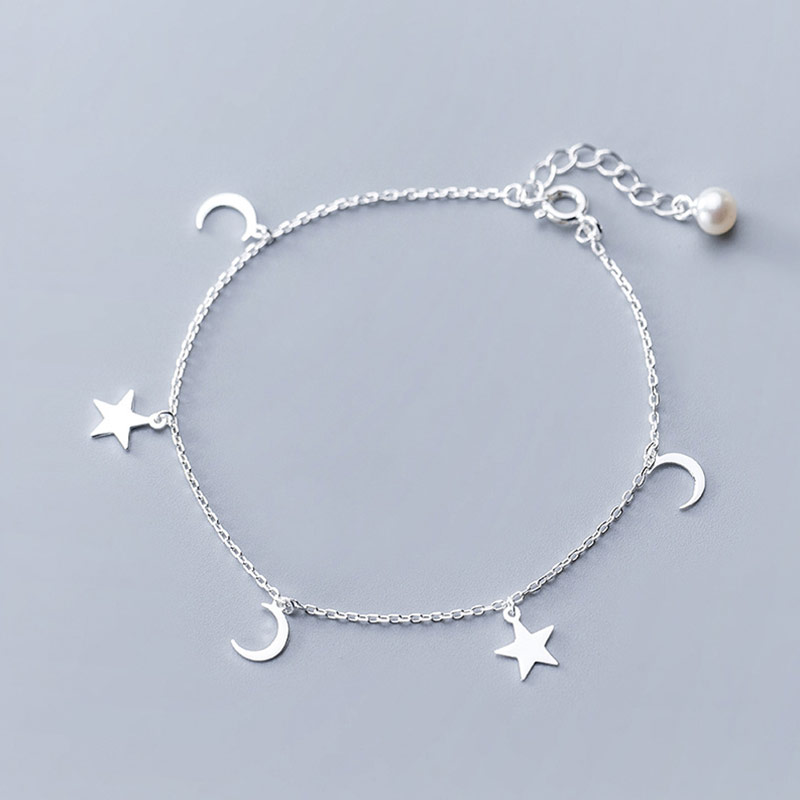 Bracelets de cheville en argent Sterling 925 avec perles pour femmes, chaîne à maillons, lune, étoile, bijoux de pied, accessoires féminins