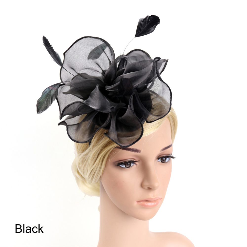 Top Hat Royal Ascot Race Flower Mesh Headband Fascinator Hats Headwear Cocktail Tea Party Feather Flower Headband: GRAY