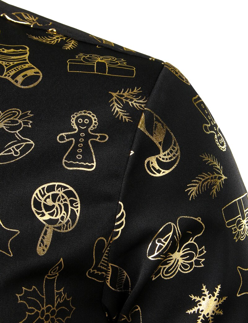 Noir noël chemise homme drôle De noël or imprimer hommes robe chemises décontracté fête bal chemise pour hommes Camisa De Navidad