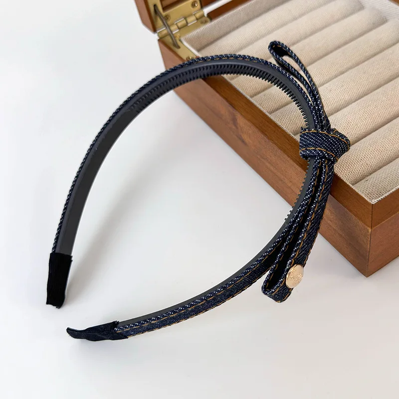 Diadema de perlas con lazo de Color azul vaquero Retro para niña, bandas para el cabello dulces para mujer, aro para el cabello con temperamento, accesorios para el cabello de femenina: YELLOW