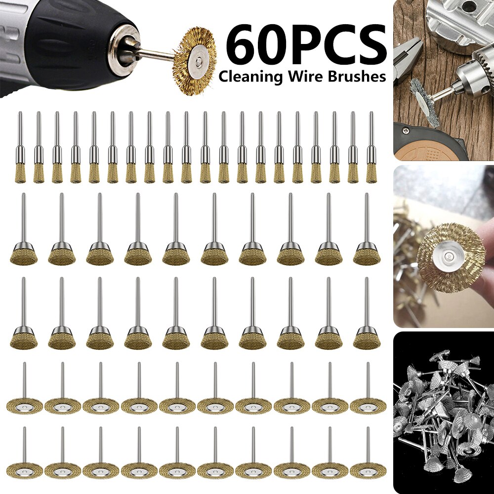 60pcs Stainless Steel Wire Wheel Brass Brush Dremel Rotary Tool for Mini Drill Dremel Polishing Dremel Rotary Tools Accessories