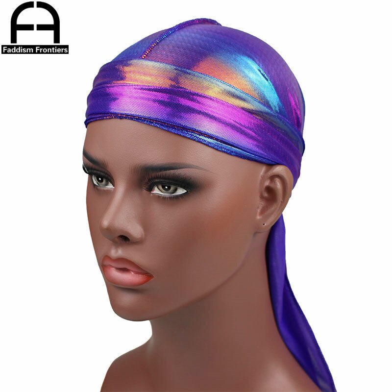 Menns fargerike glitrende durags turban bandanas menn skinnende silkeaktig durag hodeplagg hodebånd hårdeksel tilbehør bølgekapper kluter lue
