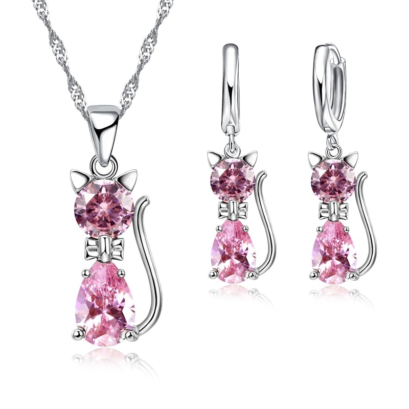 Brincalhão gato animal de estimação pingente colar e argola brincos conjuntos de jóias 925 prata esterlina charme feminino jóias presente de natal