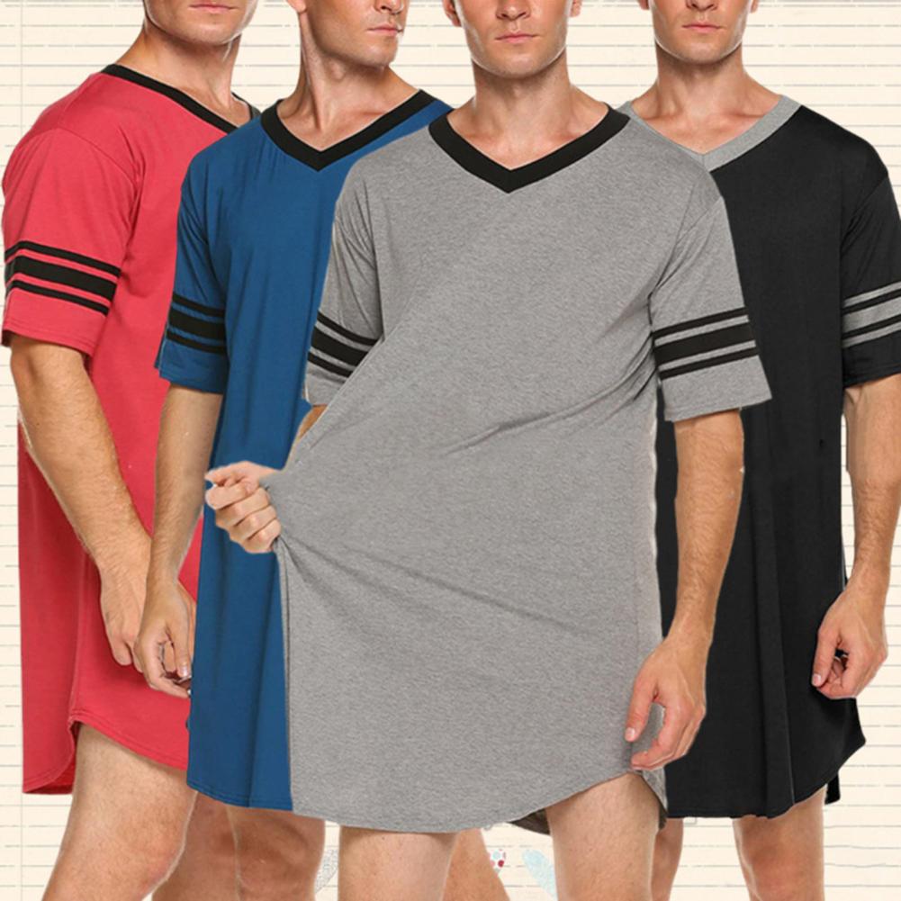 Mannen Loungewear Contrast Kleur Mannen Zomer Lang T-shirt Gestreepte Print Slaapkleding Mannen Badjas Slaap Jurk Homewear Gewaad