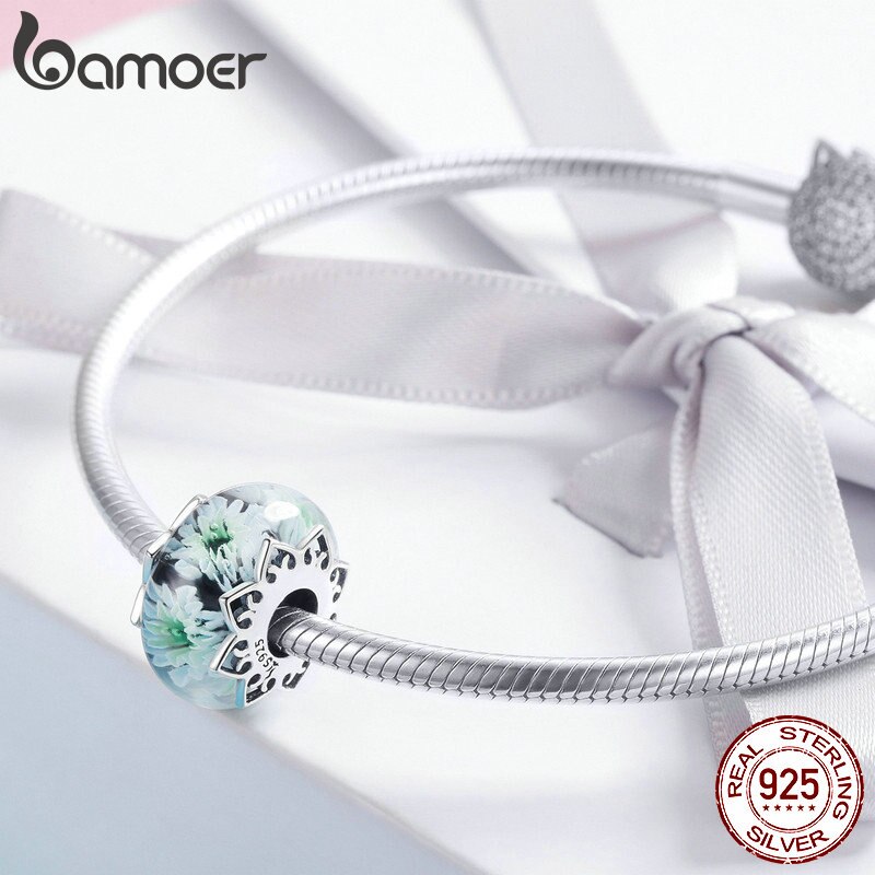 BAMOER 100% 925 argent Sterling chrysanthème fleur perles de verre européennes ajustement Bracelets porte-bonheur colliers bijoux SCC1011
