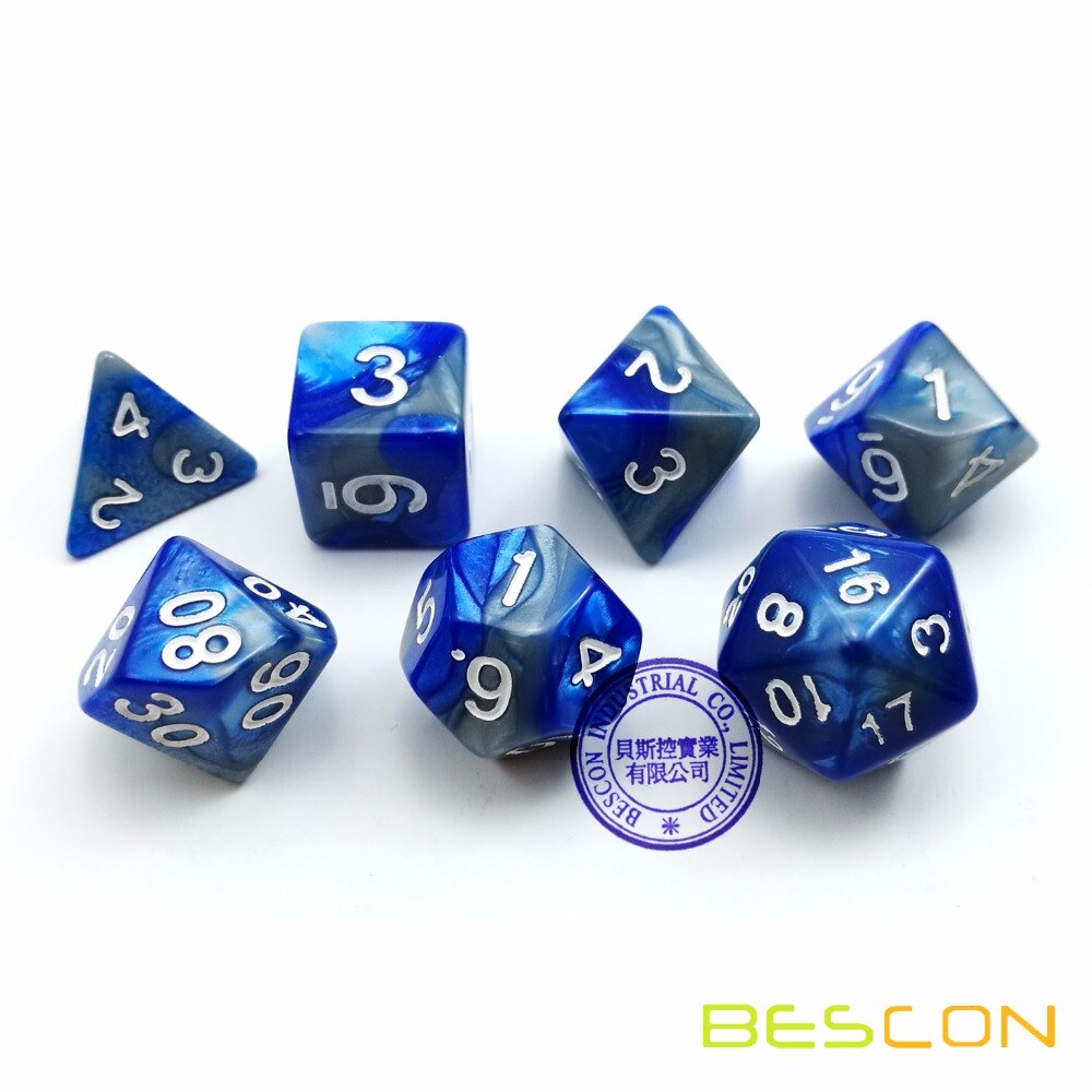 Bescon Gemini Polyhedral Dice Set Steelblue, Two-tone RPG Dice Set of 7 d4 d6 d8 d10 d12 d20 d% Brick Box Pack
