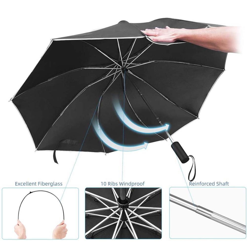 Parapluie inversé/parapluie de voyage Portable coupe-vent, parapluie à 10 nervures, ouverture/fermeture automatique, bandes réfléchissantes pour la sécurité de la nuit