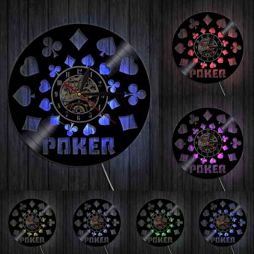 Poker King Rummy Card LED Light Illuminated Vinyl Record LP Wall Clock Play Cards Holdem Omaha Wall Watch For Poker Lover