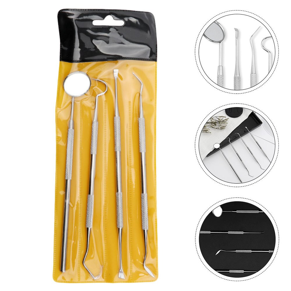 4 Stuks 1 Set Tanden Care Tool Mond Spiegel Probe Tanden Cleaning Kit Zilver