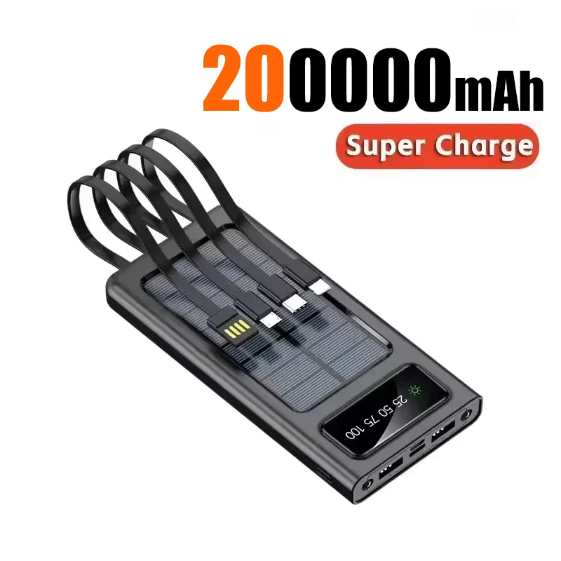 200000 mah solcelledrevet powerbank med ultrakapacitet, usb 4 in1 superhurtig opladning, usb type c, led-lys, udendørs powerbank til iphone: Rød