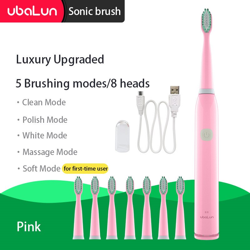 Sonic Toothbrush Vibrator Electric Toothbrushes Oral Care Adult Children Electric Toothbrush Ultrasonic Tooth Brush: 5 modes 8 heads Pink