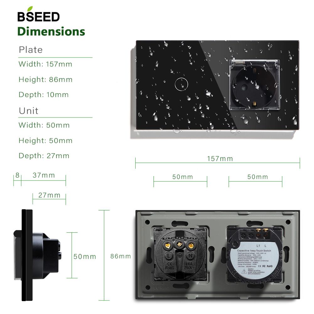 BSEED Waterproof EU Standard Wall Socket Switch 1Gang 1 Way 2 Way Switch 3 Colors Crystal Glass Panel Touch Switch