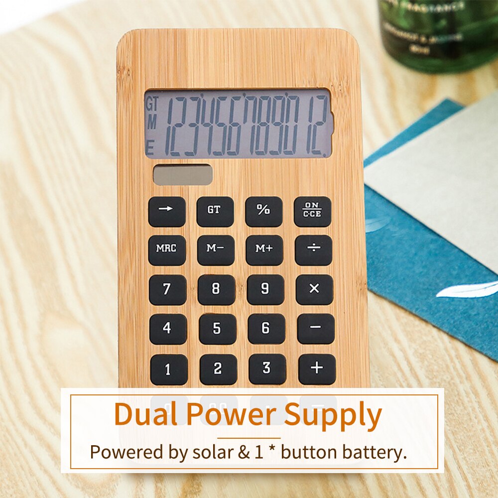 Desktop Bamboo Calculator Counter 12 Digits Display Solar Energy & Button Battery Dual Powered Eco-friendly Calculating Tool