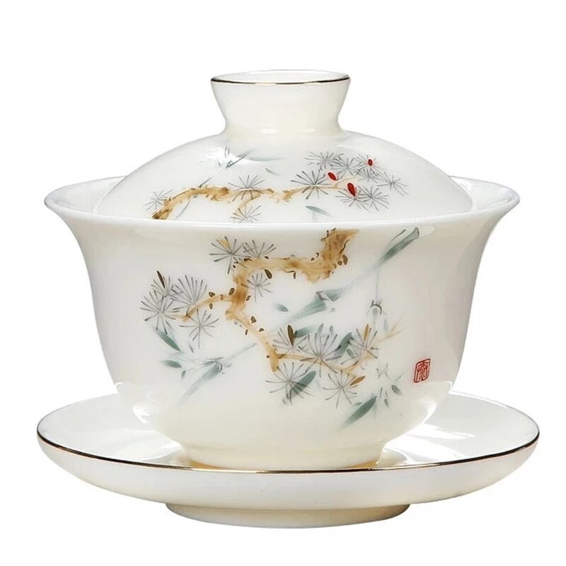 Hand Make Ceramic Tea Tureen White Porcelain Gaiwan Pine Cypress Tea Bowl Cup with Lid Cover Saucer Kit Teacup